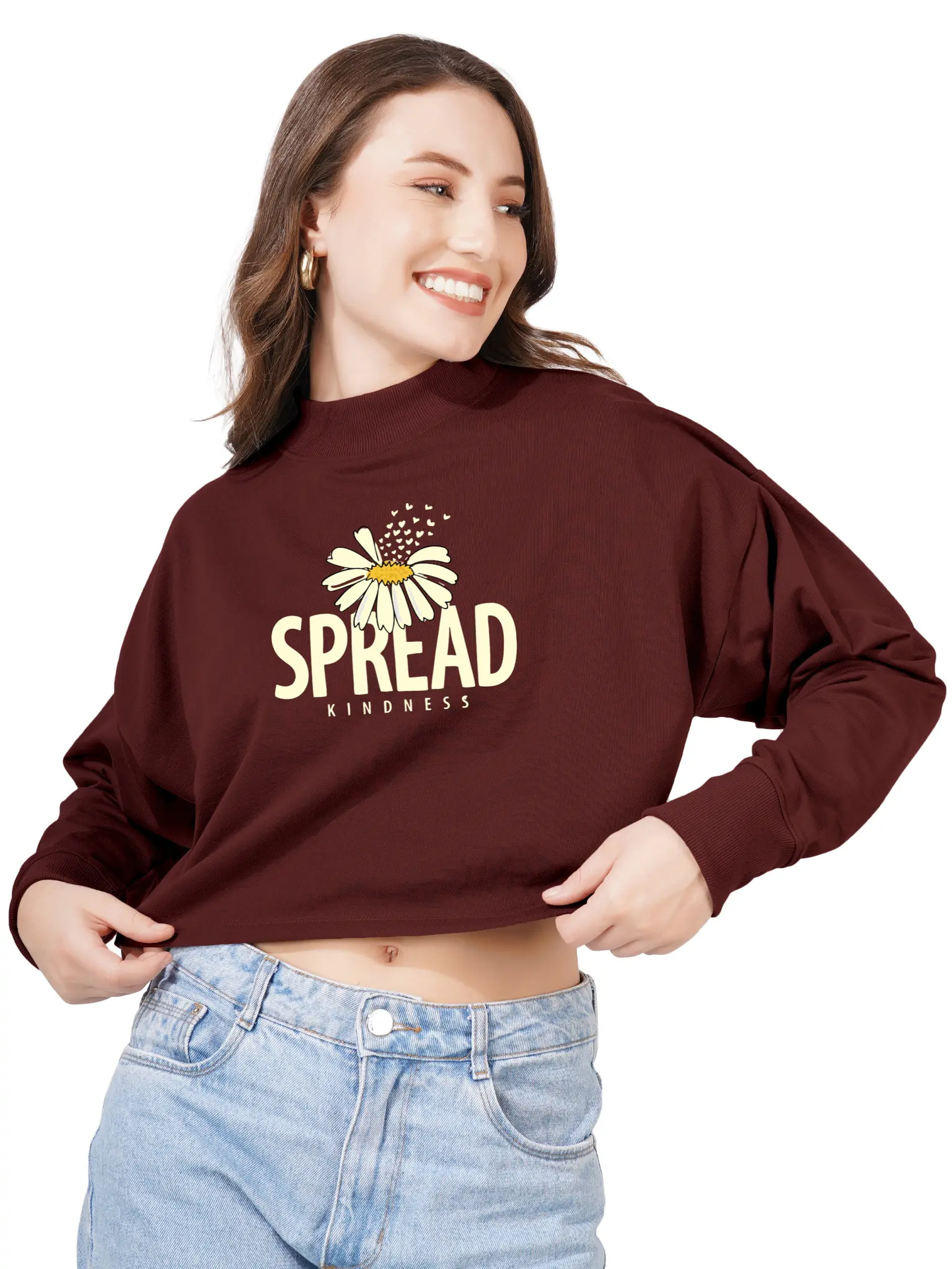 Women Cotton Blend Crop Sweatshirt | High Neck Graphic Pullover | Trendy Winter Casual Wear for Women & Girls Blueficus